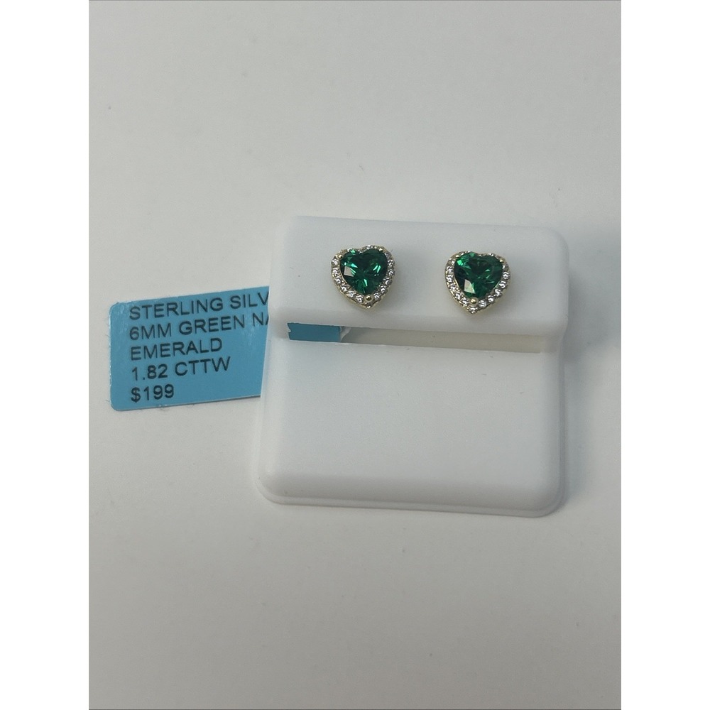 NWT Sterling Silver 6 MM Green Nano Emerald Heart Shaped Stud Earrings 1.82 CTTW